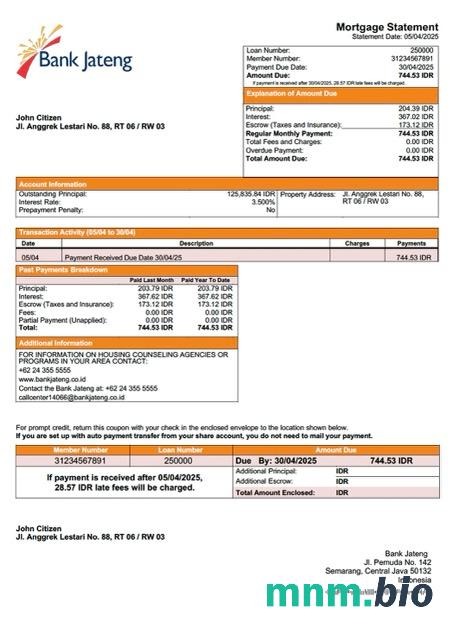 Indonezja Bank Jateng wyciąg z kredytu hipotecznego szablon Word i PDF